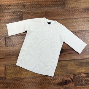 CLUB MONACO XS Cable Knit Sweater white 3/4 sleeve scoop neck pullover